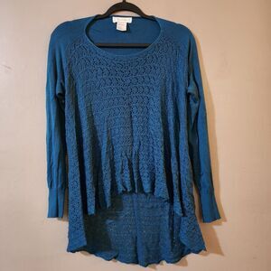 Grace & Lace Womens Pullover Sweater Tunic Size XS Blue High-Low Open Knit